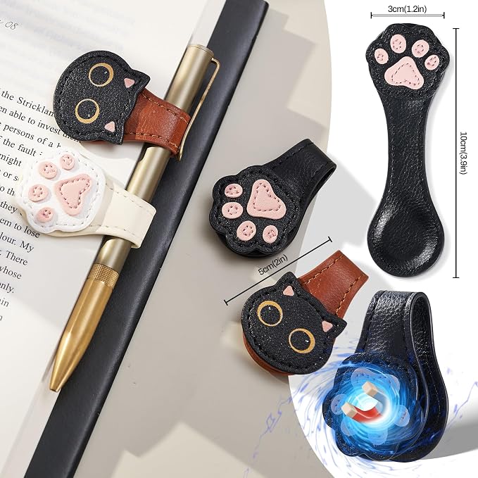 2Pcs Magnetic Leather Bookmarks with Gift Box Magnetic Pen Holder Book Marks Clip Gift for Book Lover Readers Men Women Teachers Students, Cat+Paw (Brown+Black)