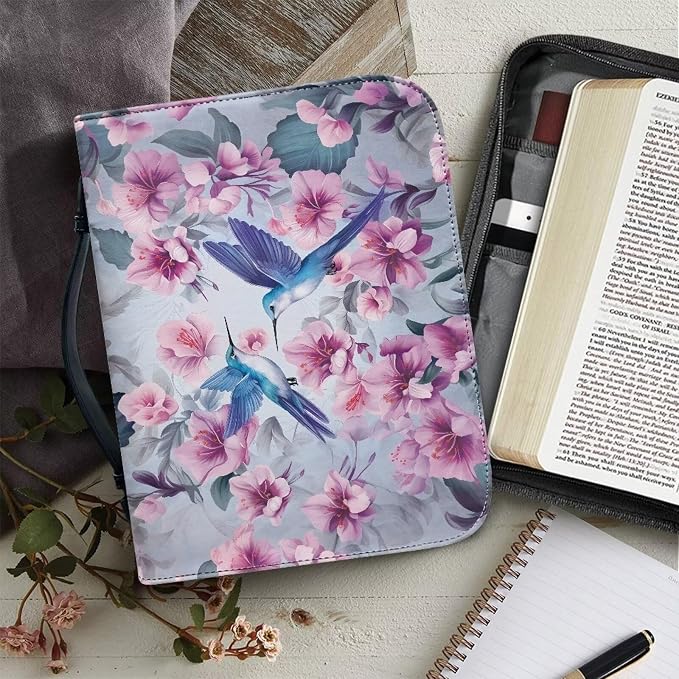 Hummingbird Flower Bible Covers Case for Women Waterproof PU Leather Bible Carrying Case for Man Bible Protector Zip Around Bible Organizer Bag
