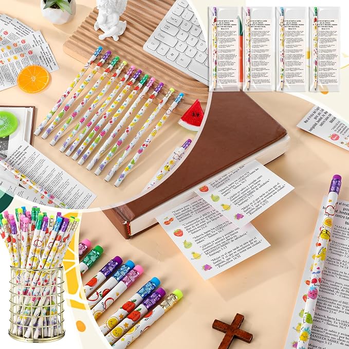 Dunzoom 36 Set Fruits of The Spirit Gift Fruit Scented Pencil with Eraser Christian Bookmark Religious Sunday School Prize Christian VBS Gifts for Church Gift Exchange (Spanish)