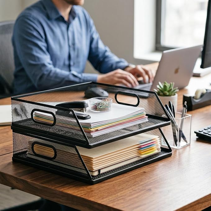 2 Pcs Paper Organizers Metal Mesh Desk Organizer Stackable Desk Tray Single Wire Mesh Organizer Front Load File Paper Holder for Desktop Office Home Classroom School