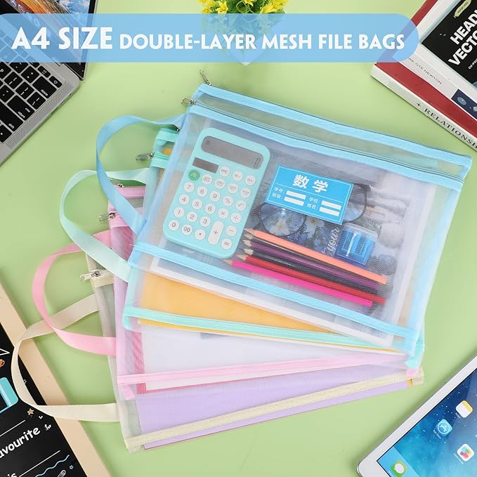 MotiMind 12 Pack Double Layer Mesh Zipper Pouch Bags 14.8 x 10.8 Inch Large Capacity Mesh Toy Storage Bags Colored Organizer Pouch with Handle for School Office and Home