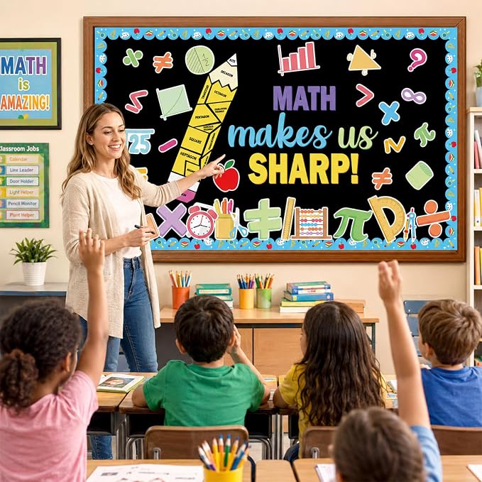 Math Bulletin Board Set Mathematics Back to School Classroom Decoration Math Makes Us Sharp Bulletin Board Pencil Shaped Paper Cutouts for School Office Chalkboard Wall Supplies Decor