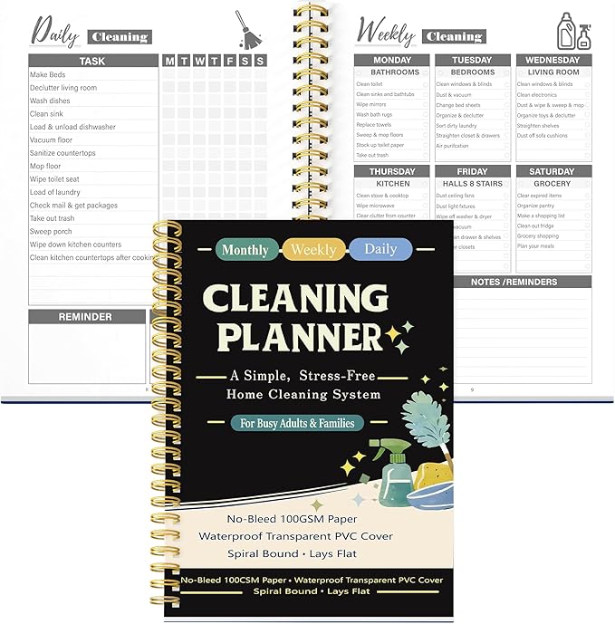 Cleaning Planner & Chore Checklist Organizer – Monthly Weekly Daily Cleaning Schedule Notebook, No-Bleed 100GSM Paper, Waterproof Transparent PVC Cover, Spiral Bound Home Cleaning Planner for Busy Families