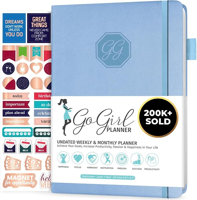 GoGirl Planner and Organizer for Women – Compact Size Weekly Planner, Goals Journal & Agenda to Improve Time Management, Productivity & Live Happier. Undated – Start Anytime, Lasts 1 Year – Light Blue