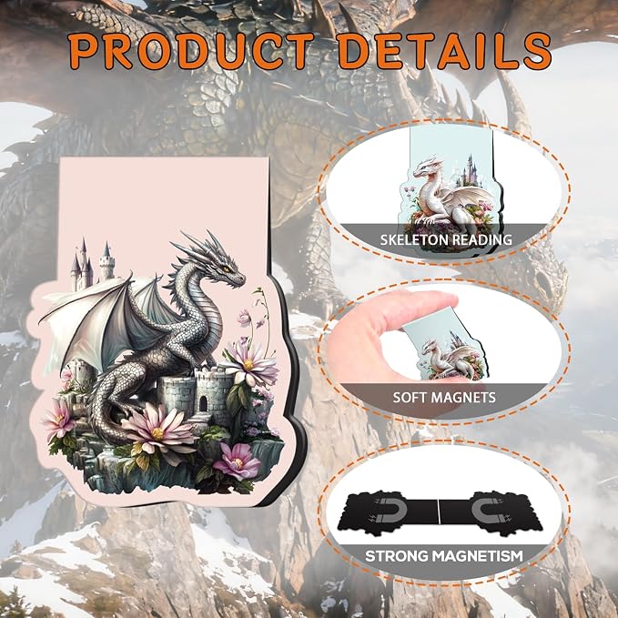 Fantasy Dragon Magnetic Bookmarks Gifts - Cosmisun 9 Pcs Dragon Flower Bookmark for Reader Cool Animal Book Marks Magnets Page Markers Clip Gifts for Women Men Student Teacher Book Lovers