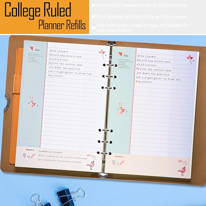 Rancco Cornell-Note Taking-System A5 Planner Refill Paper, 90 Page Colorful 5R Cornell Notes 6-Ring Binder Loose-leaf Inserts w/Zipper Pouch, Binder Divider, Ruler, Index Tab, College Ruled, 8.3x5.6"