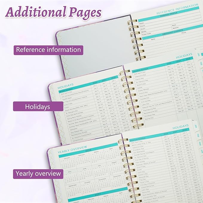 2026 Planner, Weekly and Monthly Calendar Planner for Women, Jan 2026 - Dec 2026, Hardcover Planning Agenda book with Tabs, Spiral Bound, Inner Pocket, Perfect for School Office Supplies, 8.4" x 6.3" (Purple)