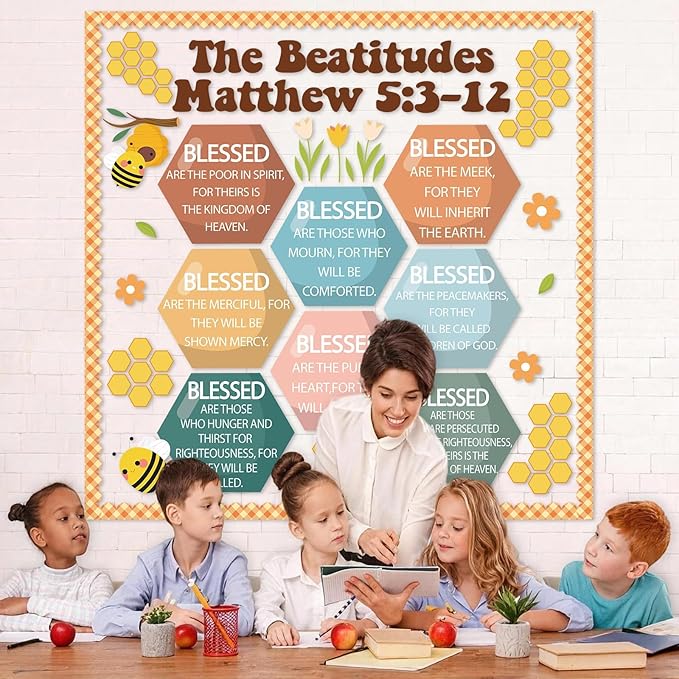 QOUBAI Christian Bulletin Board Decoration The Beatitudes Matthew 5:3-12 Classroom Decoration Motivational Bible Verse Poster Paper Cutouts for Back to School Sunday School Church Parish Decor（Groovy）
