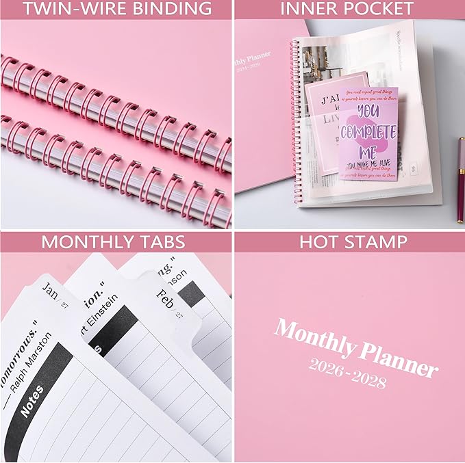 2026-2028 Monthly Planner - July 2026 - June 2028, 9" x 11", 2 Year Planner, Spiral Bound, Pink Cardboard Cover