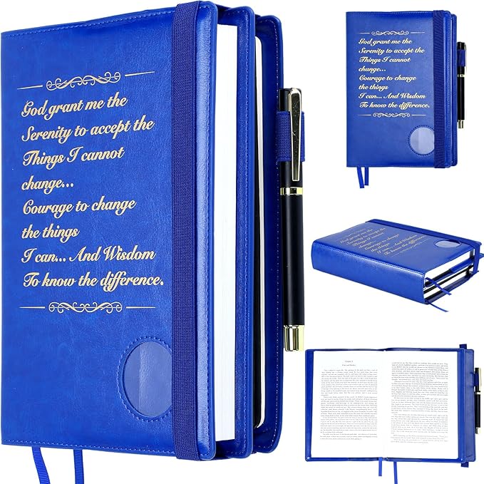 Motipuns Double Alcoholics AA Big Book Cover for 12 Steps & 12 Traditions Double AA Book Cover with Medallion Holder Pen Clip Alcoholics Gifts for Serenity Prayer(Blue)