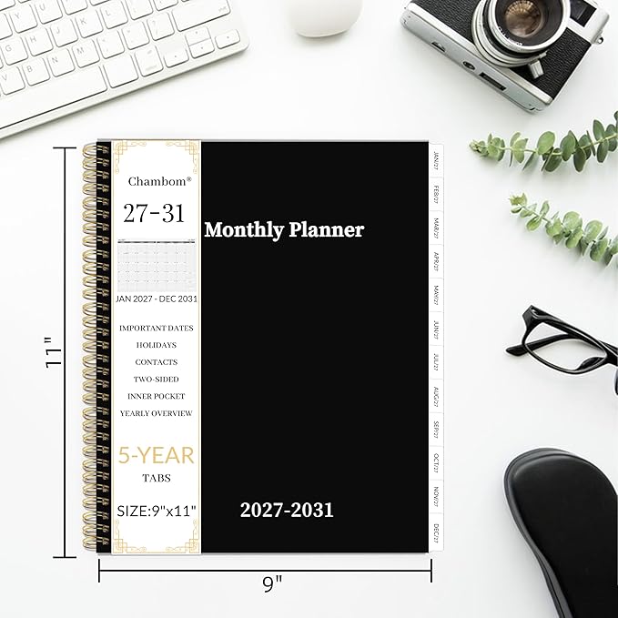 2027-2031 Monthly Planner 5 Year Monthly Planner/Calendar 2027-2031, Jan 2027 – Dec 2031, 9" x 11", Tabs, Double-Side Pocket, Holidays, Thick Paper - Black