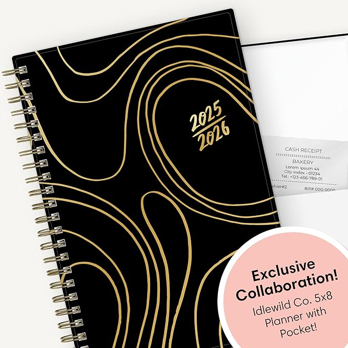 Blue Sky Idlewild 2025-2026 Weekly and Monthly Academic Year Planner Calendar, July 2025 - June 2026, 5" x 8", Flexible Cover, Wirebound, Laminated Tabs, Storage Pocket, Black Swirl