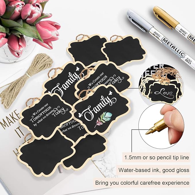 24 Pack Chalkboard Tags with String, 2.36x3.35 Inch Mini Wood Chalkboards Signs with Gold and Silver Markers, Hanging Chalkboard Labels Massage Board Signs, Price Tags