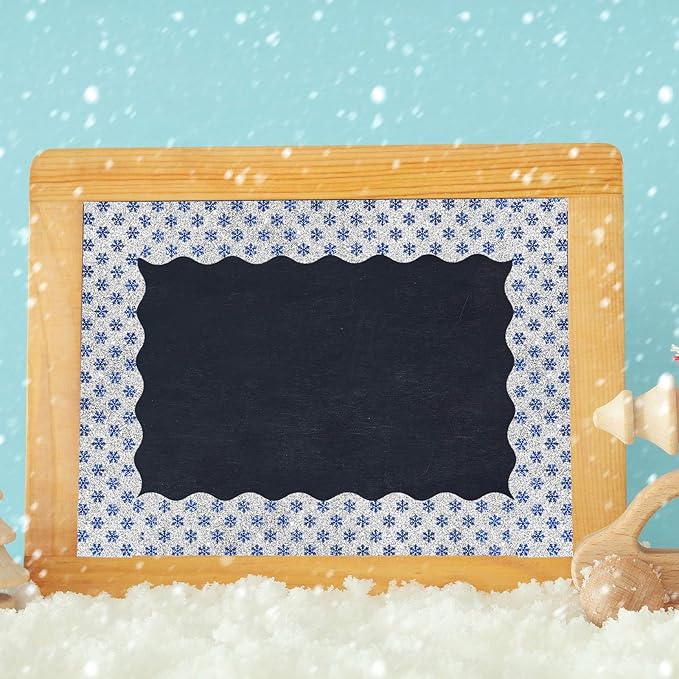 Whaline 69Ft Winter Glitter Bulletin Board Borders 5 Designs Blue Silver Snowflake Stripe Dot Decoration Trim Border for School Classroom Office Decoration