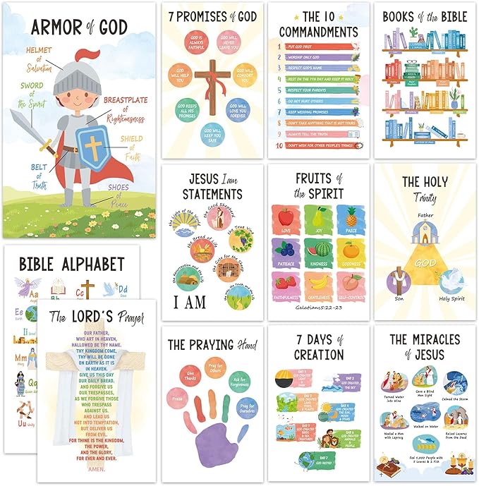 12 PCS Kids Bible Education Posters Set (11x17") - Biblical Learning Charts for Sunday School Classroom Christian Religious Home Wall Decor, Books of the Bible, 10 Commandments & More