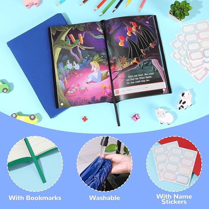 QOUBAI Jumbo Stretchable Book Cover 7PCS Reusable Fabric Book Cover with Label 9x11in Black Blue Green Red Protective Sleeve Hardcover Book Textbook Cover for School Fit Most Book Size Up to 10x12.5in
