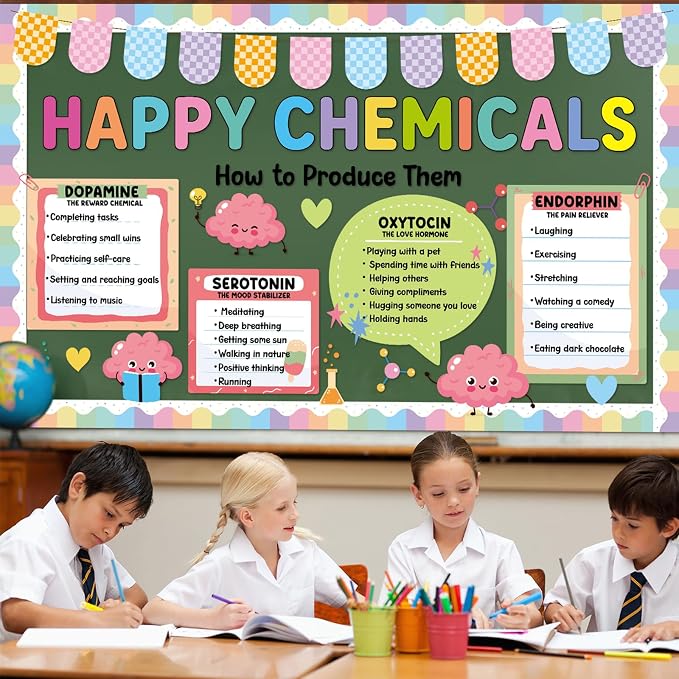 Mental Health Bulletin Board Set Happy Chemicals Poster Classroom Decoration Back to School Pastel Bulletin Boards Mental Wellness Paper Cutouts for Nurse Teacher Office Home Chalkboard Wall Decor