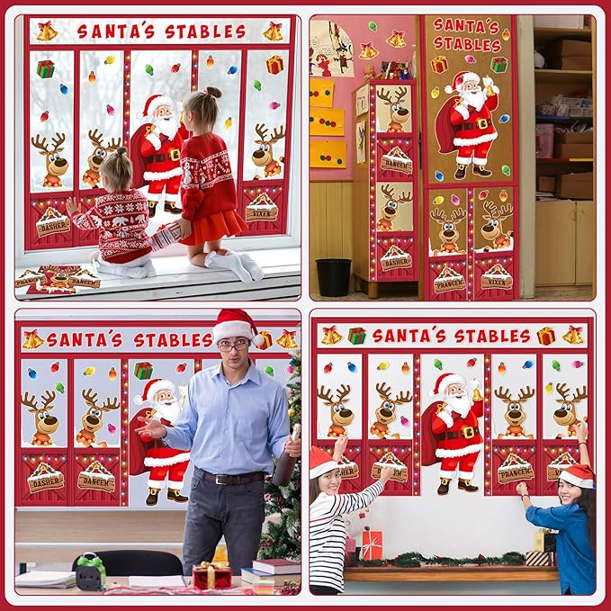 Christmas Bulletin Board Set Santa's Stables Classroom Decorations Santa Claus Reindeer Windows Xmas Gift Box Bells Lights Cutouts for Winter Holiday Office Home Door Wall Display