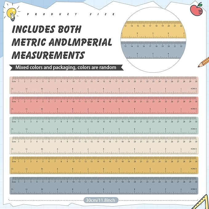 60 Pcs Plastic Clear Rulers 12 Inch, Transparent Assorted Color Ruler Bulk, with Imperial and Metric Scales for Home Office Supplies, Available in 6Colors (Bohemian Colors)