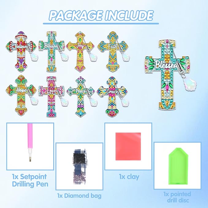 Cross Diamond Art Bookmark Kit: 8 Pcs Christian Bookmarks with Pendant, Spiritual Diamond Painting Book Mark Gifts for Reading Lovers DIY Crafts