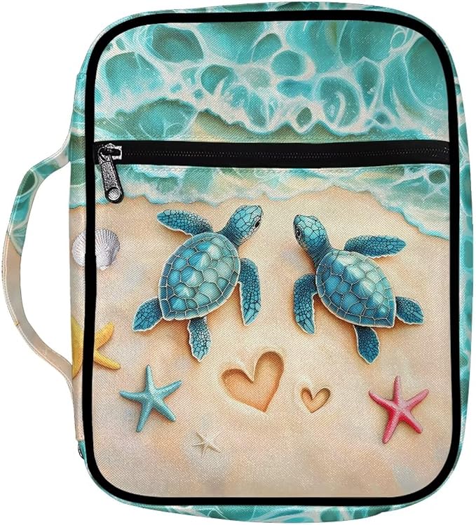 Suobstales Beach Turtle Starfish Seashell Heart Print Bible Cover Carrying Book Case for Women Men Lightweight Bible Bag Bible Protective with Handle and Zippered Pocket