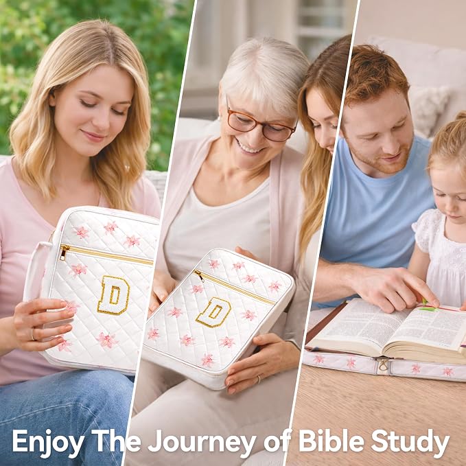 Bible Bag for Women, Bible Cover Case with Study Supplies, Initials Personalized Quilted Bible Bag, Large Chenille Bible Cover – Christian Gift for Girls (Pink Lilies-D)