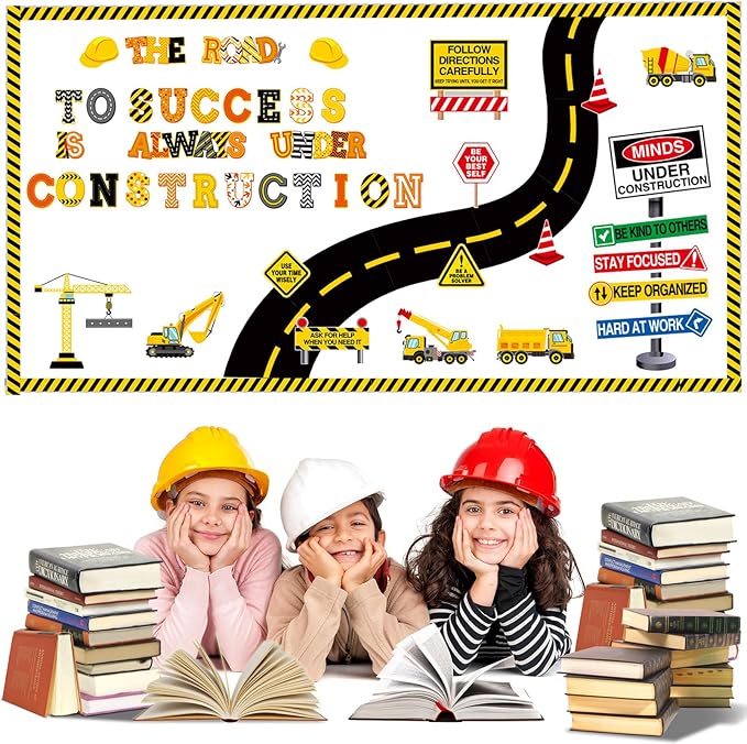 Honoson 71 Pcs Construction Bulletin Board Decorations Road to Success Bulletin Boards Construction Inspirational Classroom Decors for Library Classroom Positive Chalkboard Wall Decor(Road)