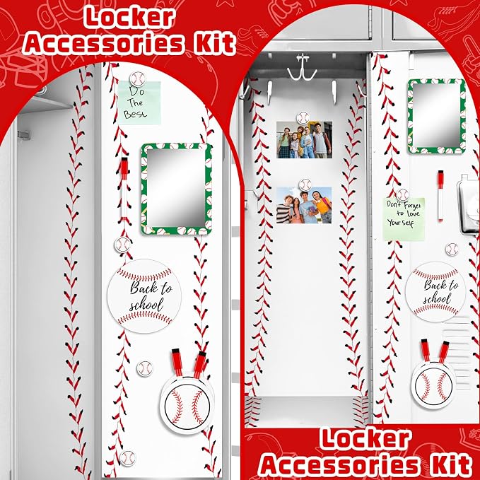 Demonwer 12 Pcs Locker Accessories Kit Baseball Themed Magnetic Whiteboard Mirror Pen Holder Baseball Stickers for Back to School Essentials Locker Decorations