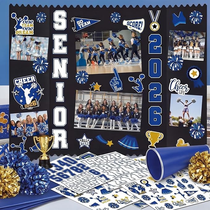 Tinlade 3 Set Cheerleading Senior Night Decorations 2026 Photo Display Board 24" x 16" Trifold Poster Board with Cheerleader Themed Stickers for Graduation Picture Frame Sport Theme Party Supplies