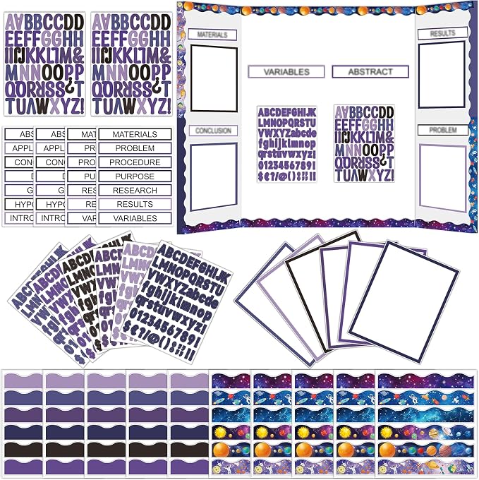 129Pcs Planet Space Science Fair Board Supplies Includes Self Adhesive Science Fair Project Titles Subtitles Presentation Bulletin Border Letter Stickers Scalloped Bulletin Border for Classroom Office