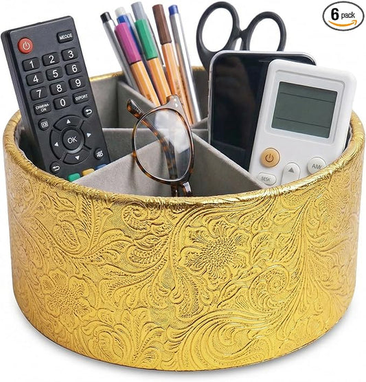lizimandu Remote Control Holder, 360°Spinning PU Leather Desk TV Remote Caddy,Desk Storage Box Room Accessories for Controller, Media,Mail,Calculator, Mobile Phone,Pencil(1B-Carved5 Gold)