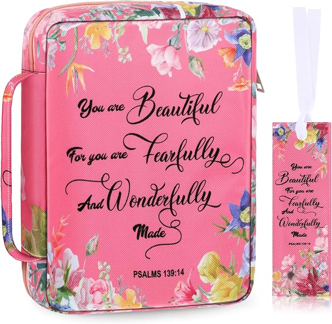 Laumoi Bible Cover Case for Women 10'' Flower Bible Holder Case Large Religious Carrying Bag for Women Study Christian Book Gift (Pink Flower)