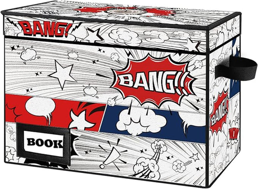 Comic Book Storage Box, 15.8" X 7.8" X 11.8", Heavy Duty Collapsible Holds 160-180 Comic Book Bin Container Holder Shelf (Cartoon Clock)
