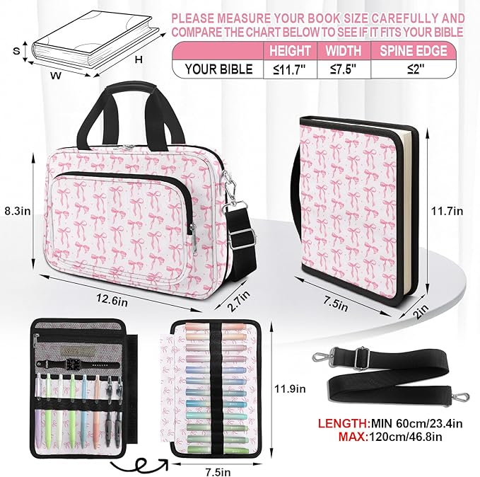 Pink Bow Bible Cover Case for Women Girls Cute Large Bible Bag with Handle Shoulder Strap Book Carrying Bags with Tabs 5 Pens 12 Highlighters Christian Church Study Supplies Accessories Gifts