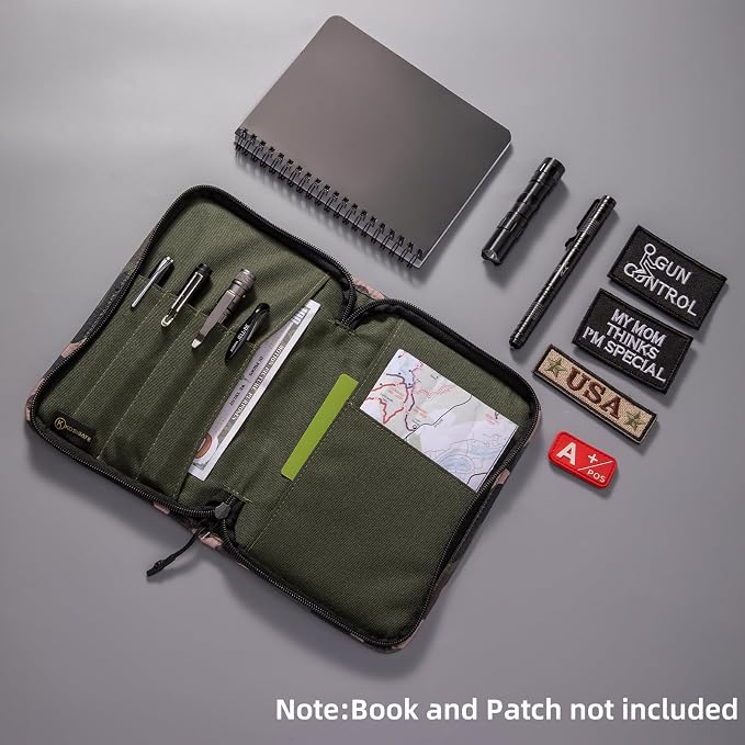 Kosibate Tactical Notebook Cover with Zipper,7.5x5 Inch OCP Military Notebook Cover, Detachable Army Field Tactical Portfolio Organizer with Flag Patch,for Protecting Notes,Book(Camogreen, Cover Only)