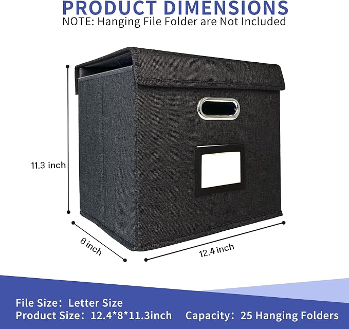 4 Pack Hanging File Folder Box with Lid, Durable Letter Size Filing Storage Box, Sturdy File Holder with Cardboard Support PVC Rails for Office Home Organizer, Black