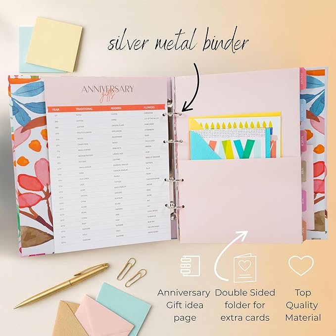 Paper 'n Such Greeting Card Organizer with 27 Pockets - Hardcover - Floral Birthday Book - Perpetual Calendar and Dates to Remember - Christmas, Holidays, Anniversary Reminders - Card Keeper