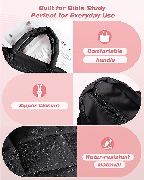 Marscamd Puffer Bible Bag with Crossbody Strap and Water Bottle Pockets, Quilted Bible Tote Church Bag for Women