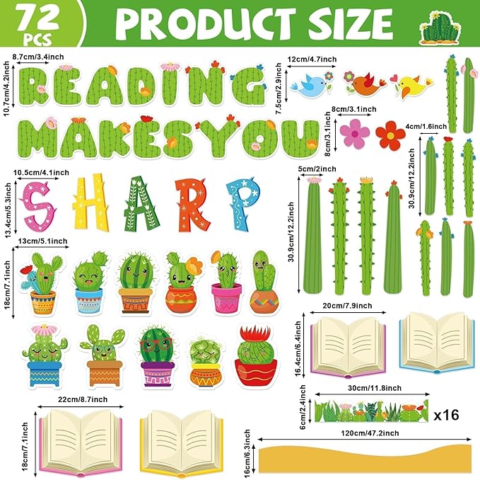 gisgfim Cactus Reading Bulletin Board Decorations Set Spring Classroom Cactus Bulletin Board Border Cutout Reading Makes You Sharp Bulletin Board Craft School Home Wall Decor Back to School Supplies