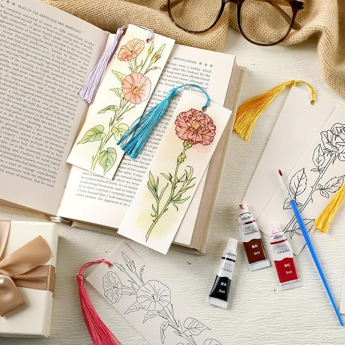 Sinmoe 120 Pcs Color Your Own Bookmarks 6 Styles Watercolor Bookmarks to Paint Card Stock Paper Watercolor Colorful Tassels Craft DIY for Classroom Projects Gifts Tags 5.9 x 2 Inch