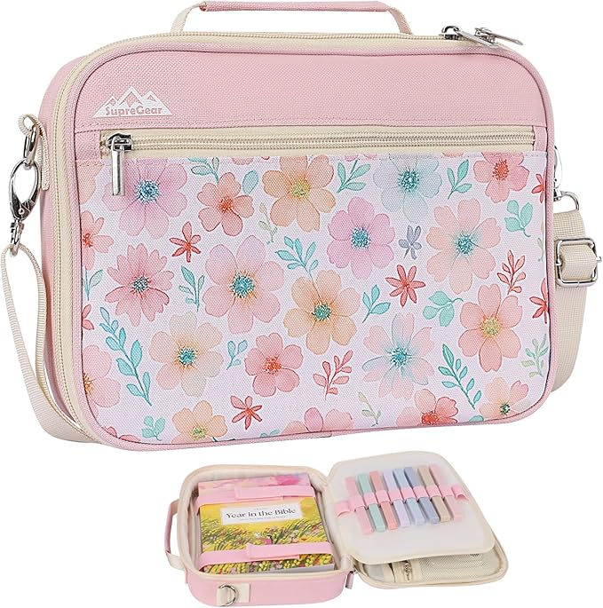 supregear Bible Cover Case for Women, Carrying Book Canvas Church Bag with Shoulder and Handle for Study Supplies Accessories, Quilted Organizer Christian Gift for Girl/Ladies, Floral Pink