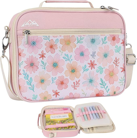 supregear Bible Cover Case for Women, Carrying Book Canvas Church Bag with Shoulder and Handle for Study Supplies Accessories, Quilted Organizer Christian Gift for Girl/Ladies, Floral Pink