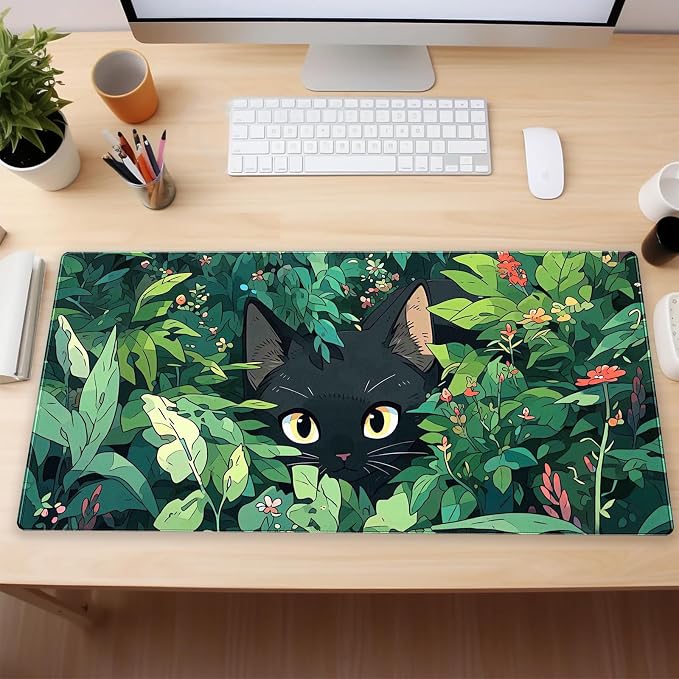 Black Cat Mouse Pad Green XL 31.5 x 15.7 in | Cute Gaming Mousepad, Kawaii Computer Mat, Full Desk Mouse and Keyboard Pad, Stitched Edge, Anti-Slip Washable
