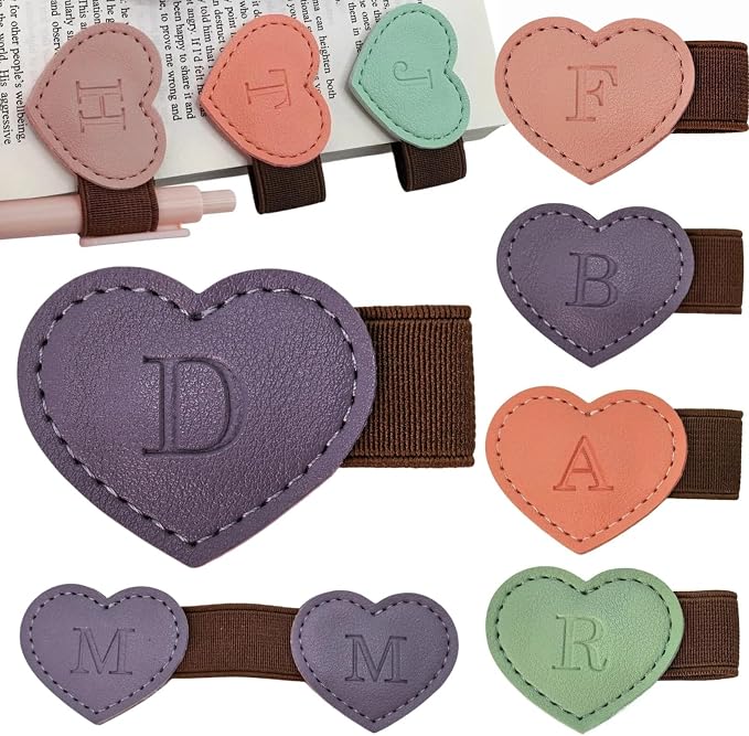Personalized Magnetic Leather Heart Bookmark with Pen Holder - 26 Letters Custom Book Mark Notebook Pencil Loop with Initial Book Marker for Readers, Book Lovers- Gifts for Women Men(Purple,D)