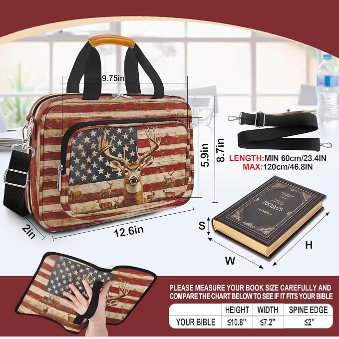 Vintage American Flag Deer Large Bible Bags for Women Men Organizer with Bible Cover Case, Bible Cover with Shoulder Strap & Pens & Highlighters & Cross Clip Study Kit for Bible Church,Christian Gifts