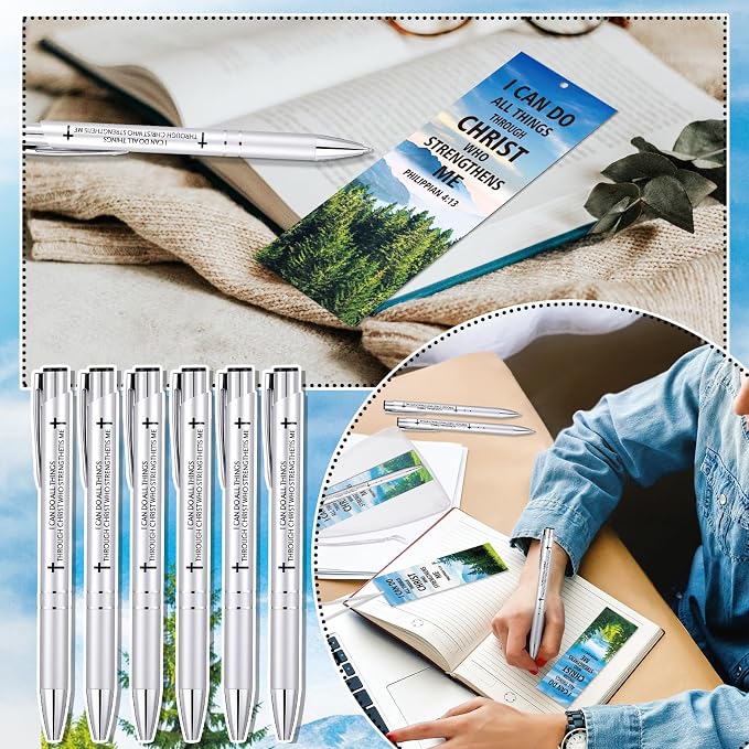 Dispowreath 24 Pcs/12 Sets I Can Do All Things Through Christ Bookmark Pen Set Include 12 Philippians 4:13 Bookmarks 12 Inspirational Religious Pens for Women Men Christian Gifts Church Party Supplies