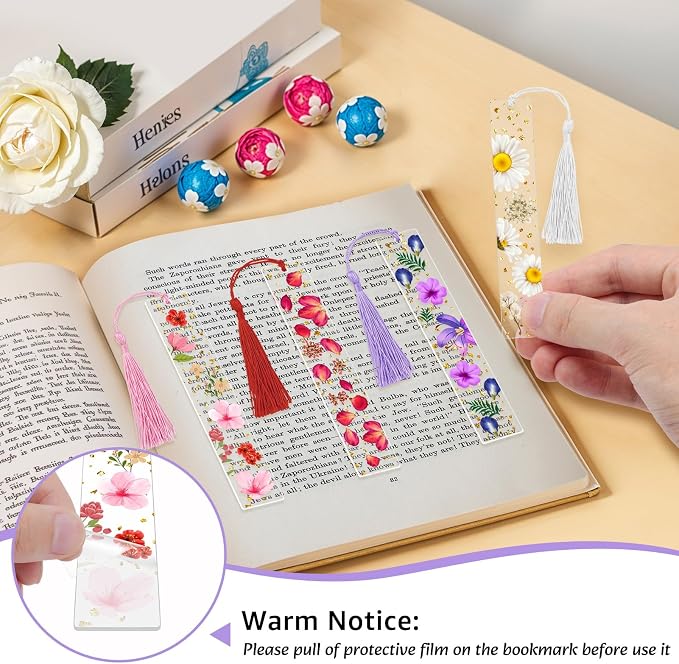 4 Pieces Acrylic Dried Flower Bookmark, Transparent Pressed Flower Bookmarks Dried Floral Book Markers Handmade Floral Page Marker with Tassel Cute Bookmark for Reading Lover Students Teachers