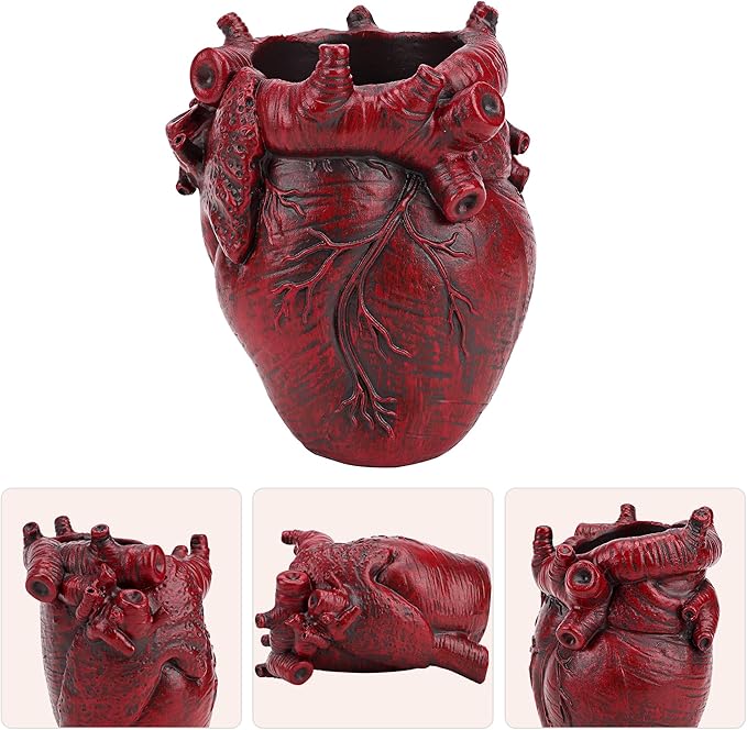 Anatomical Heart Pencil Holder, Red Resin Organ-Shaped Pen Cup Desk Organizer, Realistic Human Heart Decor, Stable Base