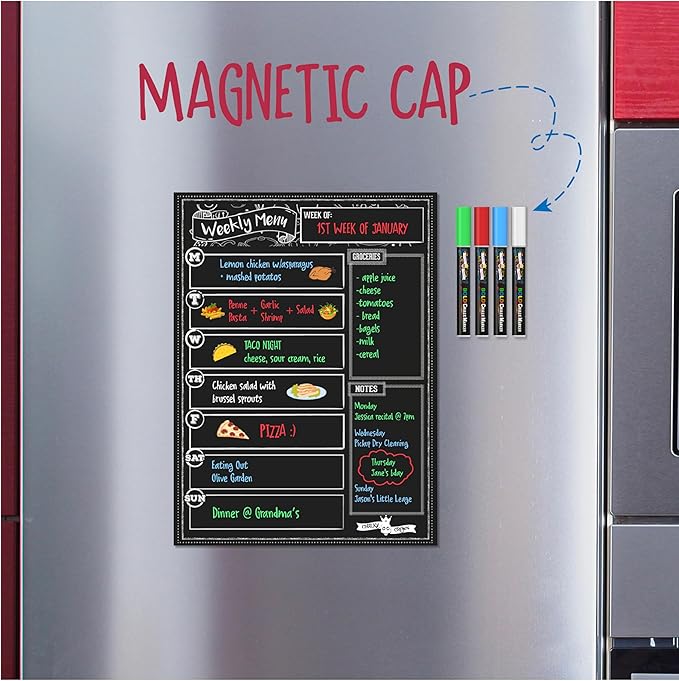 CHALKY CROWN Magnetic Dry Erase Menu Board for Fridge Includes 4 Liquid Chalk Markers - Weekly Meal Planner Blackboard, Grocery List & Notepad for Kitchen Refrigerator - Chalkboard Magnet 15.6" x11.6