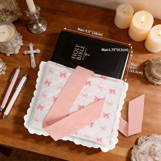 Vintage Pink Bow Quilted Bible Book Bag Cover for Women – Fits Standard Size Bibles Padded Protector Washable Cotton Bag with Elegant Lace Trim with Interior Zipper Pocket